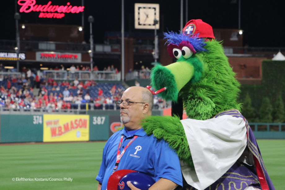  Philadelphia Phillies security official having fun with Phillies Phanatic in Evzone attire (courtesy of cosmosphilly.com)   