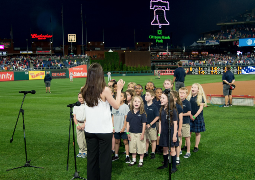  Greek Choir of Odyssey Charter School, Wilmington, Del., performing the national anthem at Greek Heritage Night in Philly (courtesy of the Philadelphia Phillies)   