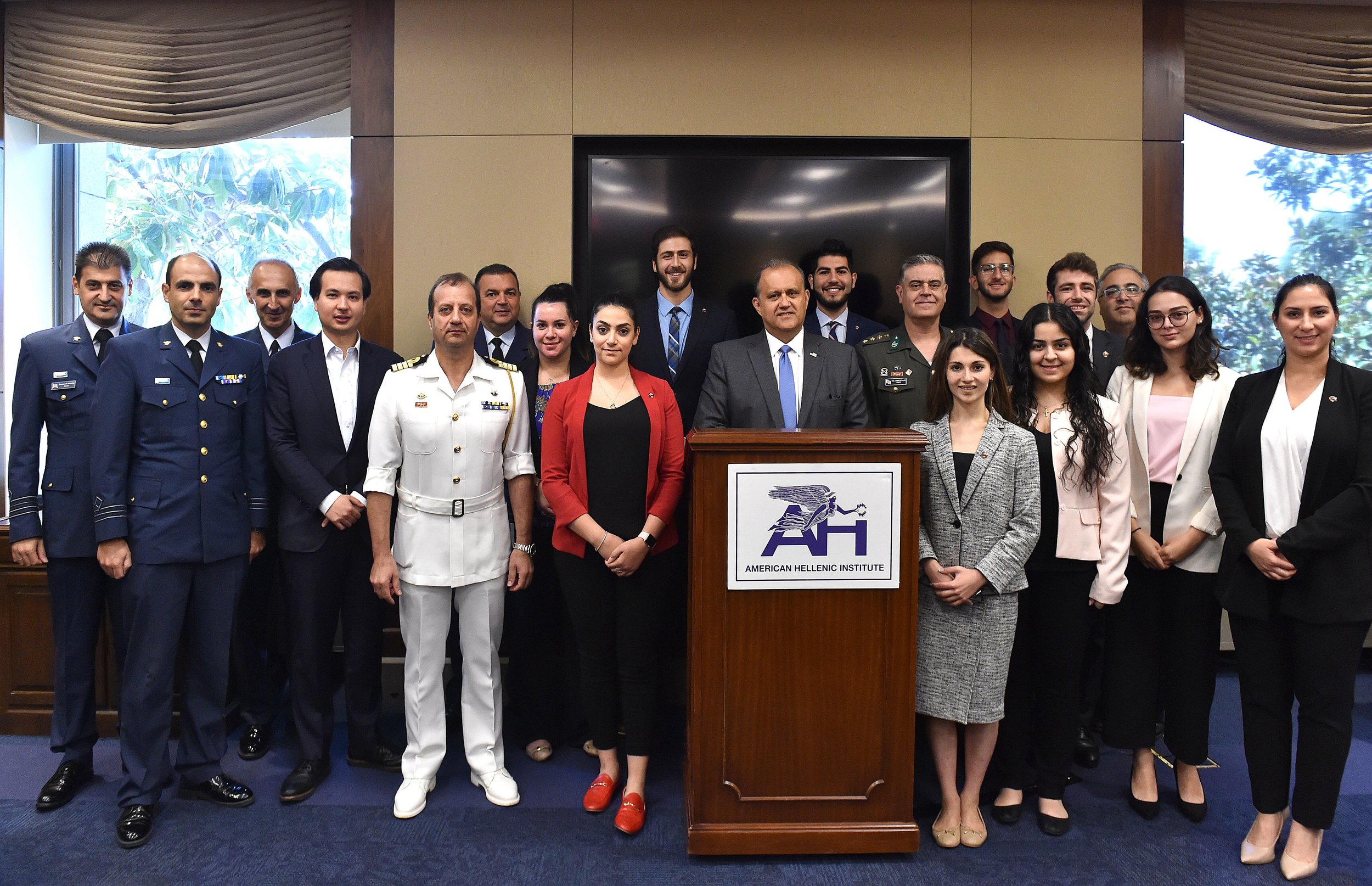Group photo consisting of Greece’s attaches and various military officials, AHI President Larigakis, Legislative Assistant Gerasoulis, and a delegation from the Armenian National Committee of America (ANCA)