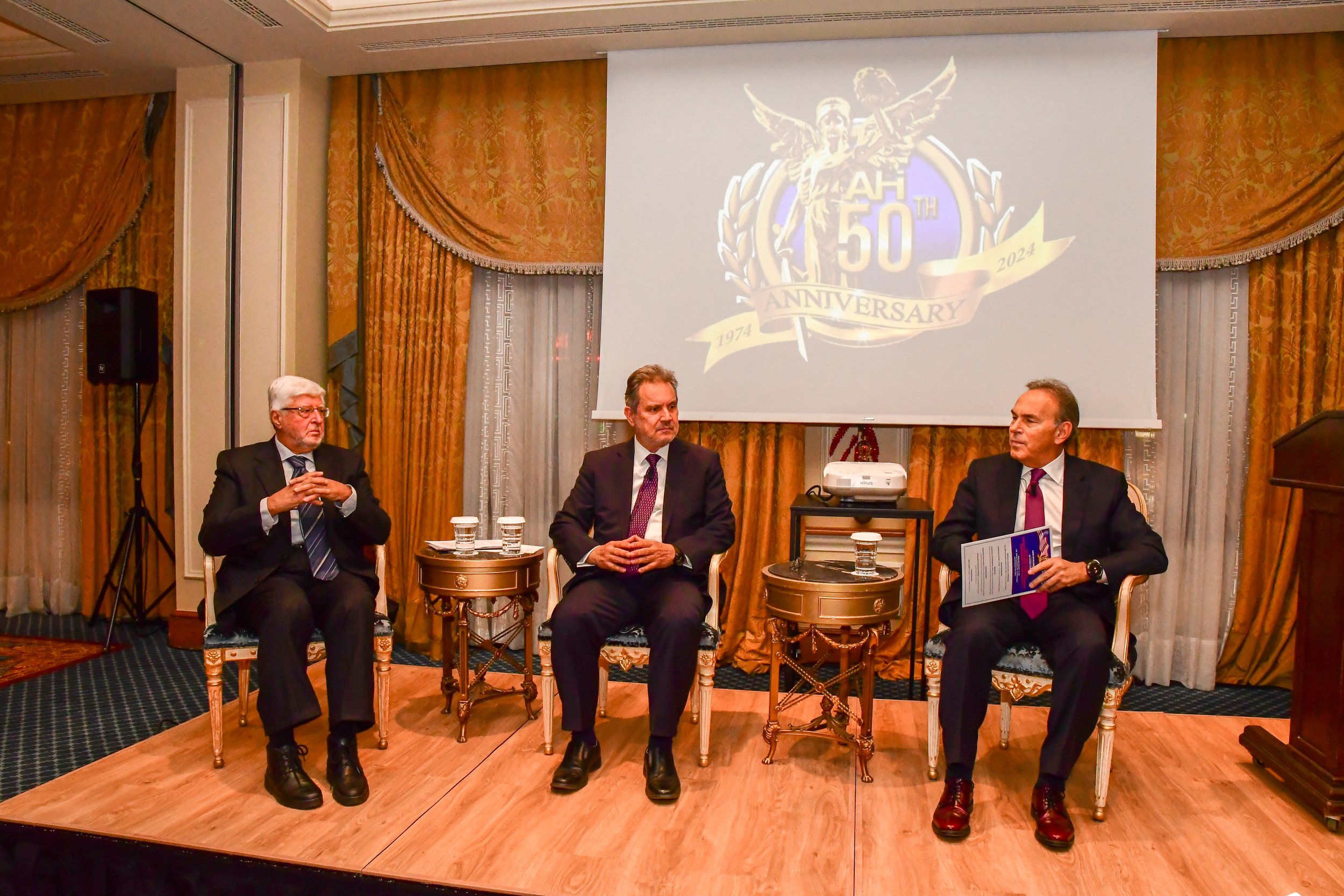  (Left to right) Speaker forum featuring Ambassador Alexandros Mallias, Ambassador Haris Lalacos, and Former Minister of Education and Religious Affairs of Greece Konstantinos Arvanitopoulos (Moderator) 