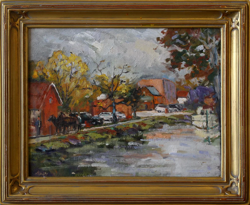 Putting Up the Horses - 14" x 11" - oil on board