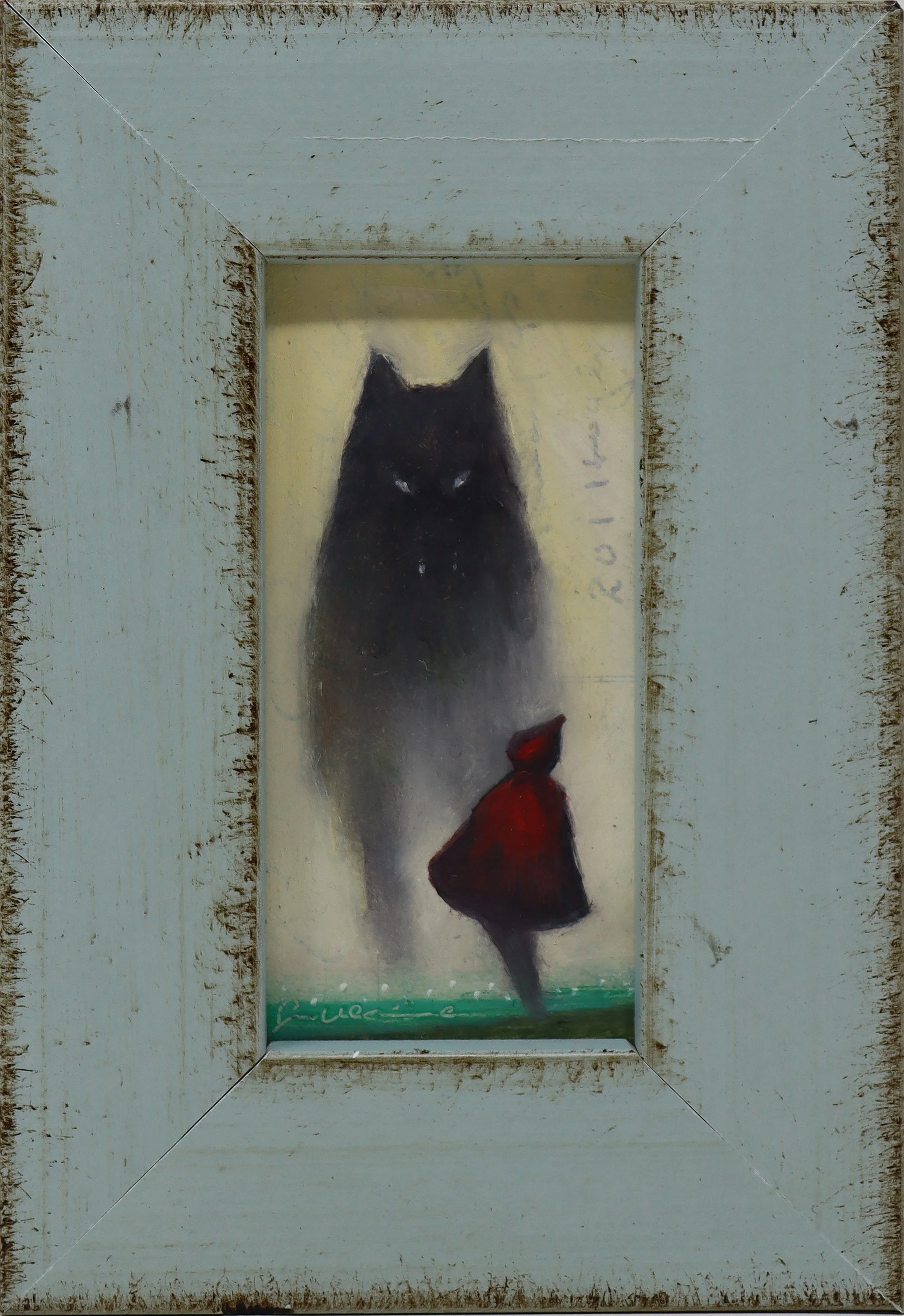 Big Bad Wolf - 3.75"x2" - oil on antique postcard fragment