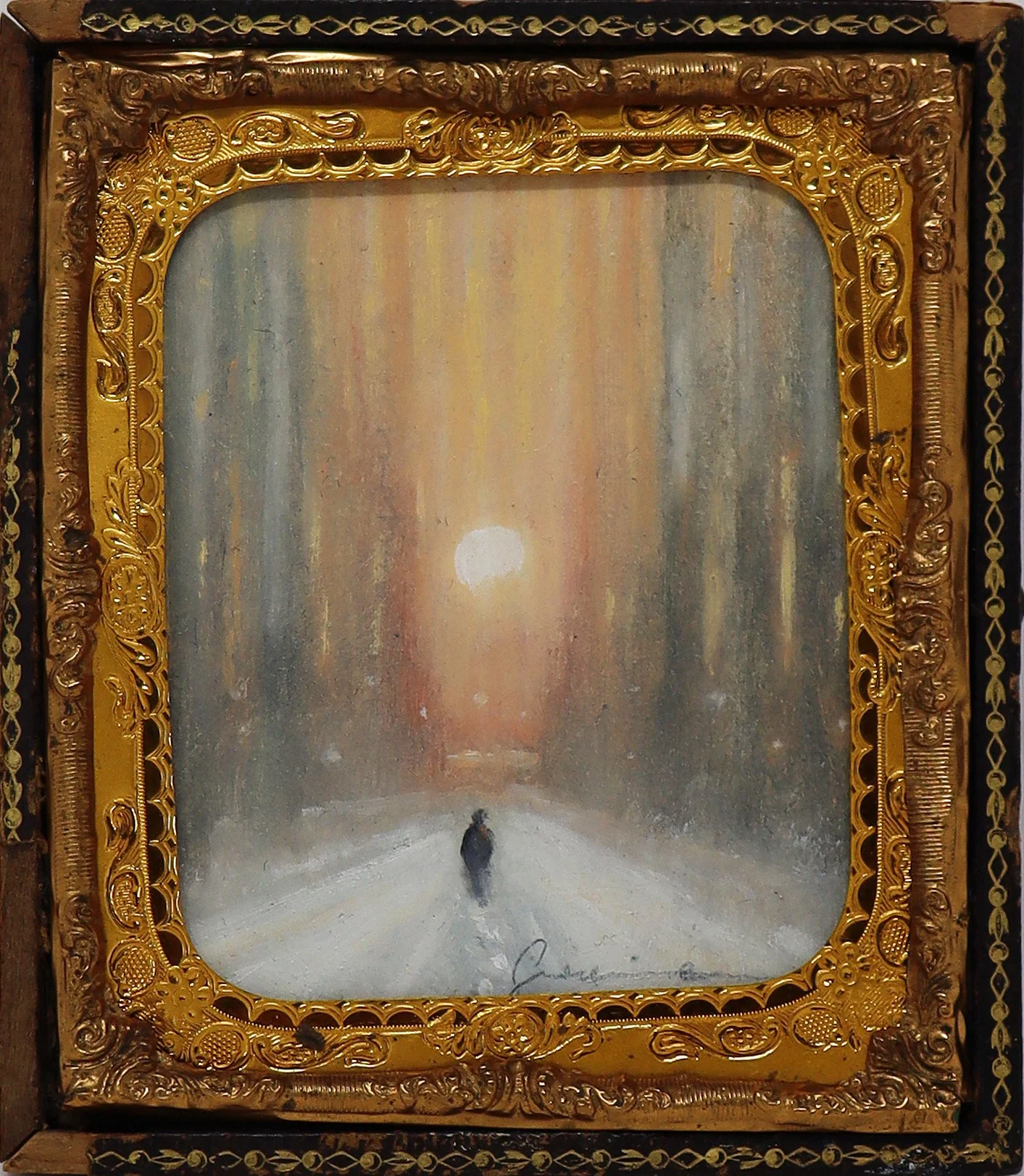 Forrest - 3"x2.5" - oil on antique postcard fragment