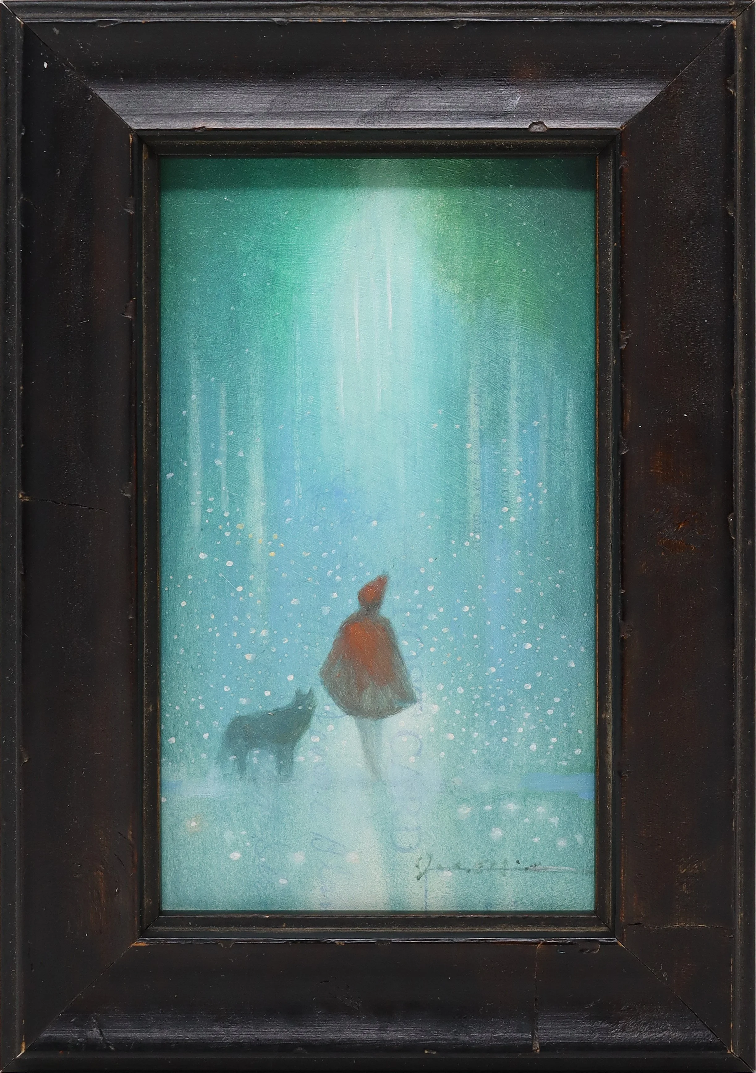 Little Red Riding Hood - 5"x3" - oil on antique postcard