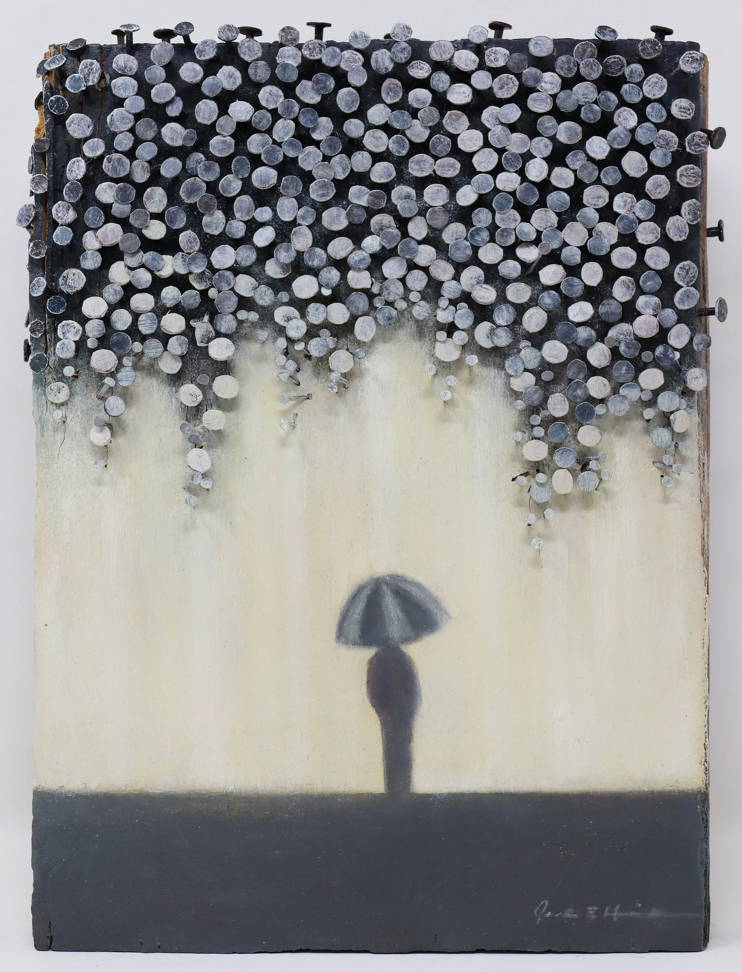 The Sky is Falling - 10.5"x7.75" - oil on civil war era wood with nails
