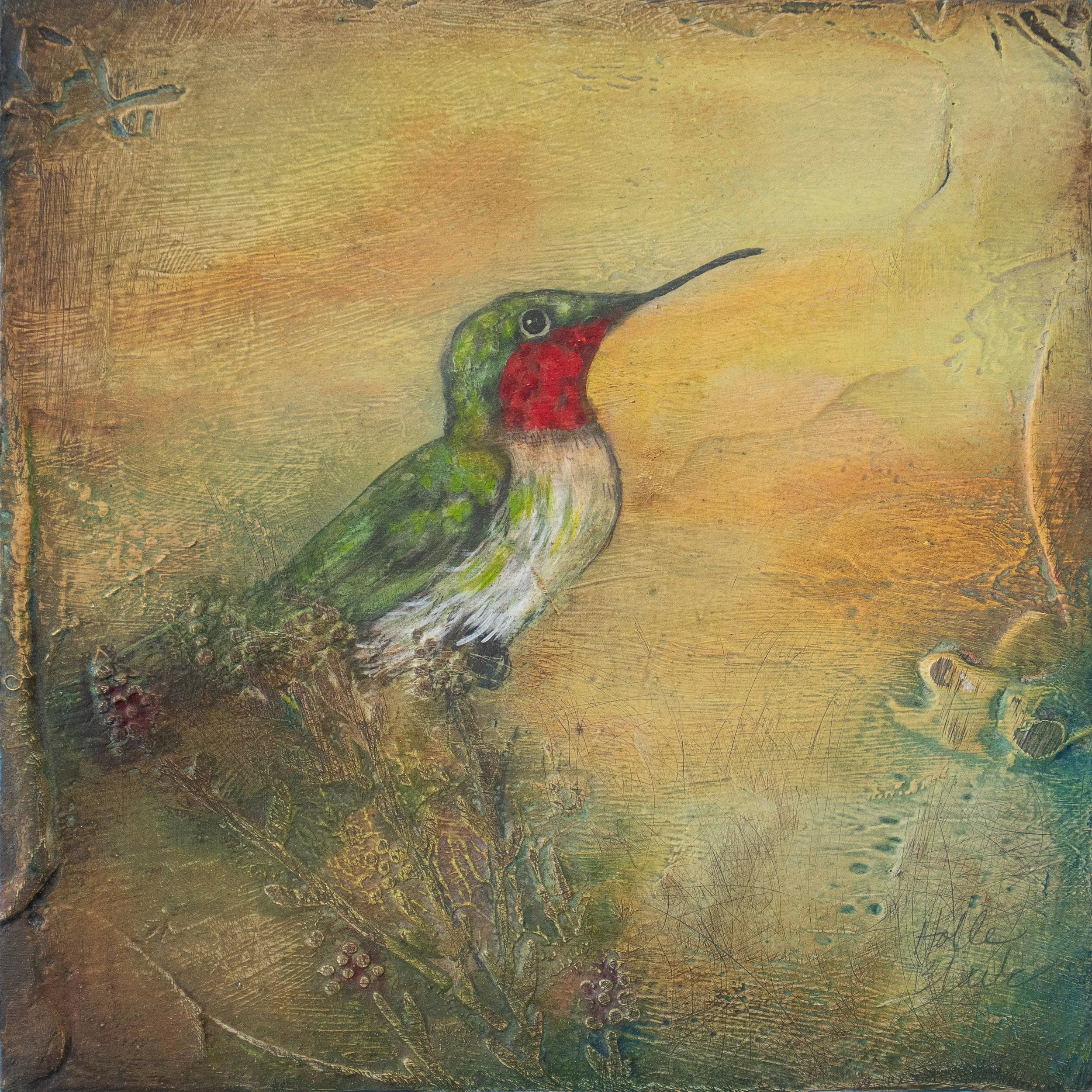 Sitting Hummingbird - 6" x 6" oil and mixed media on panel