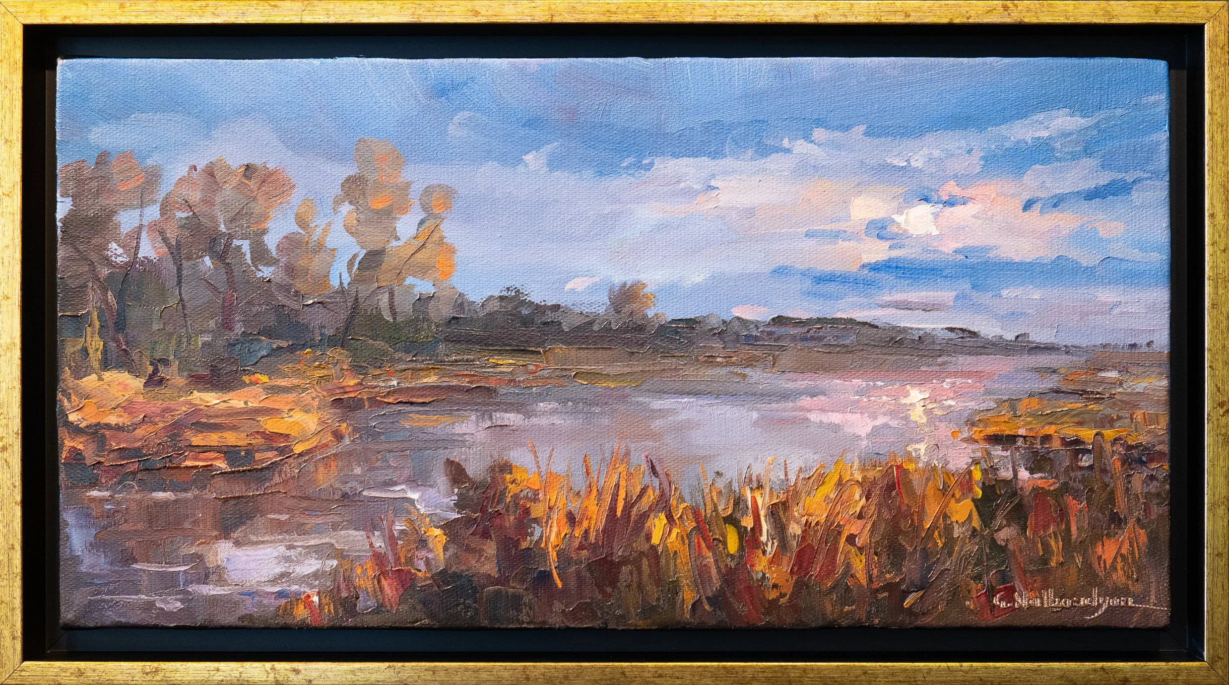 Evening by the River - 15½" x 8" - oil on panel