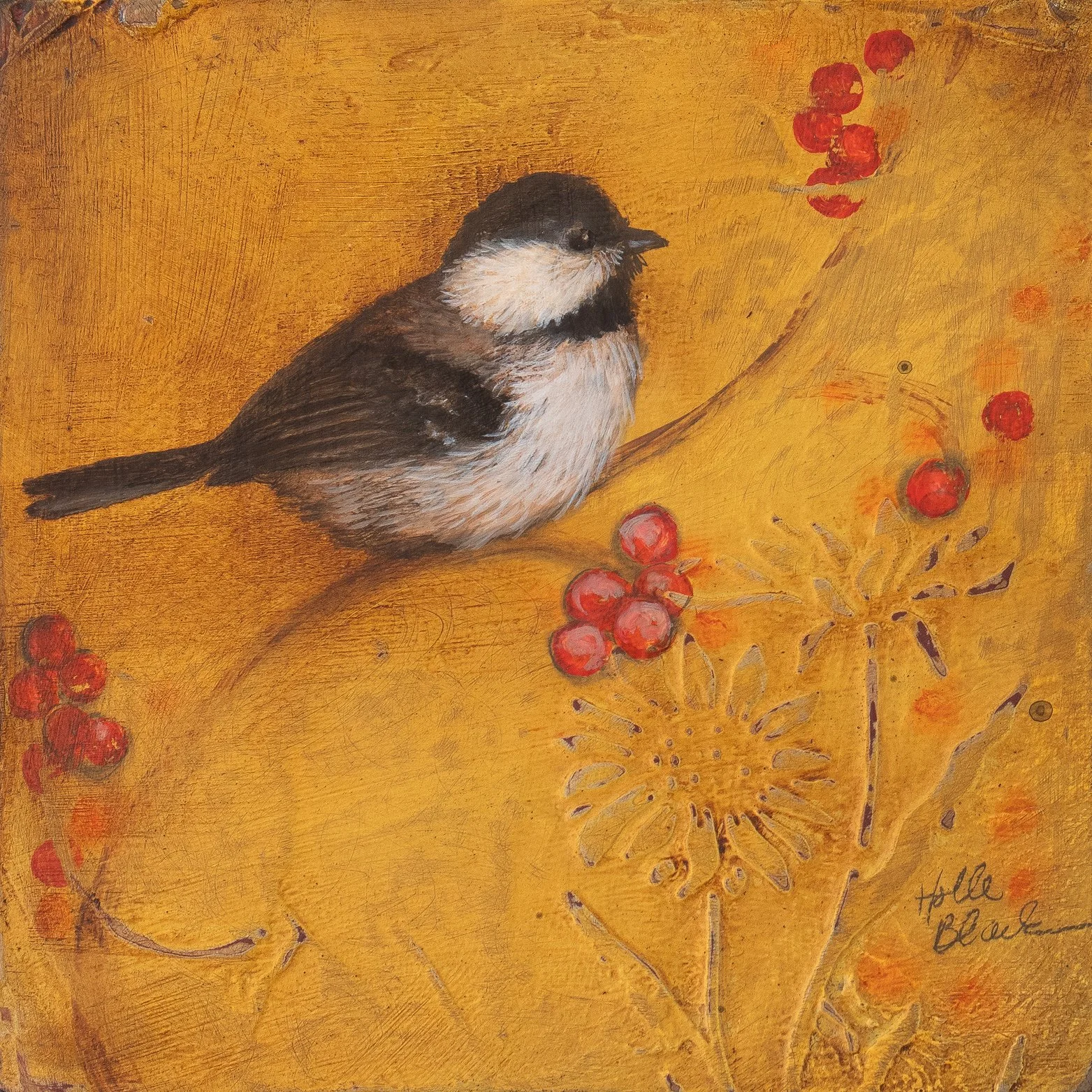 Chickadee - 6" x 6" - oil and mixed media on panel
