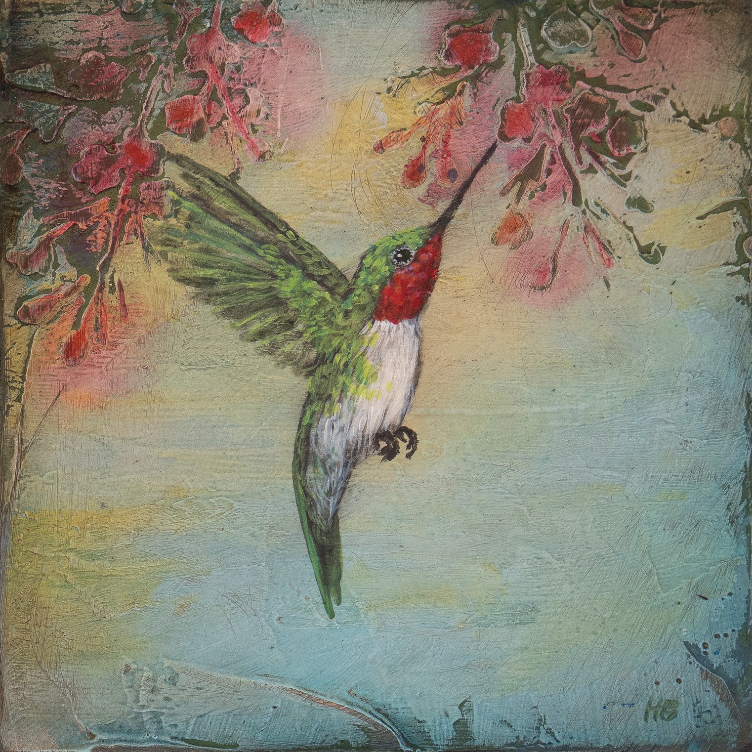 Hummingbird - 6" x 6" - oil and mixed media on panel