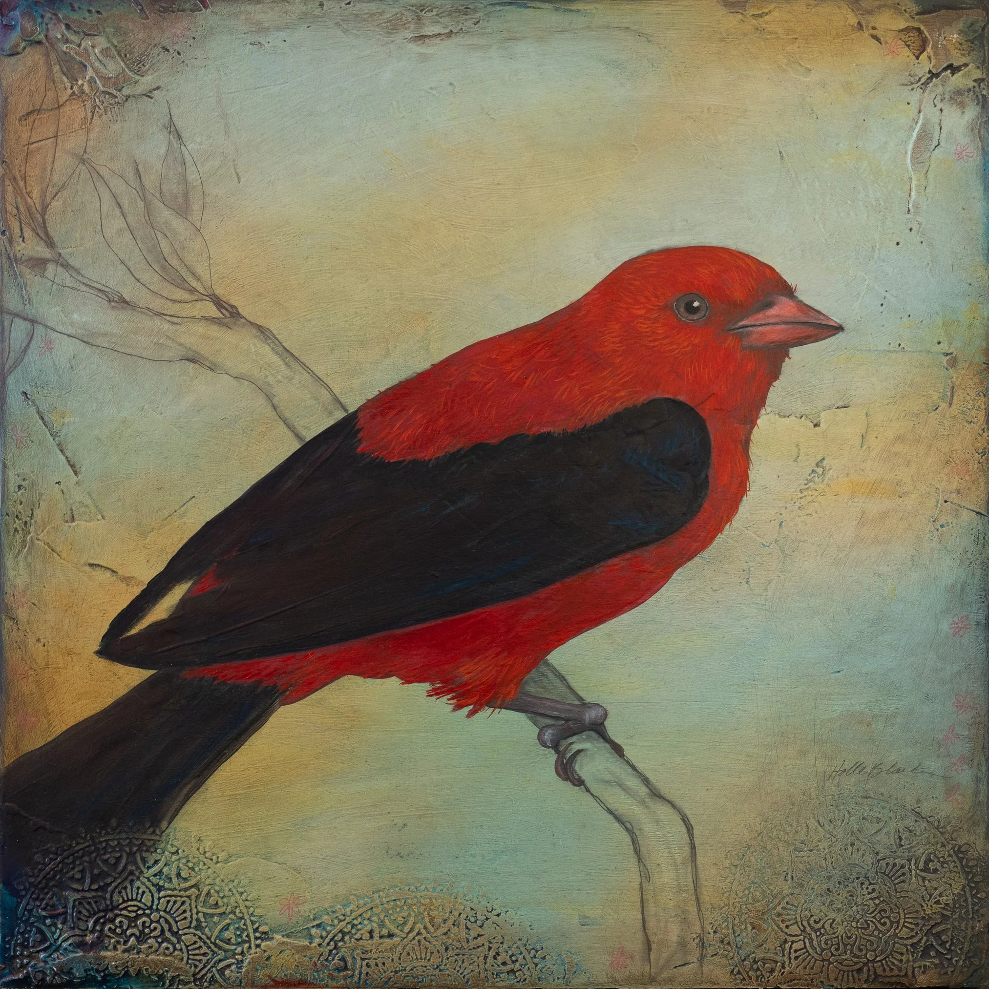 Scarlet Tanager - 20" x 20" - oil and mixed media on panel