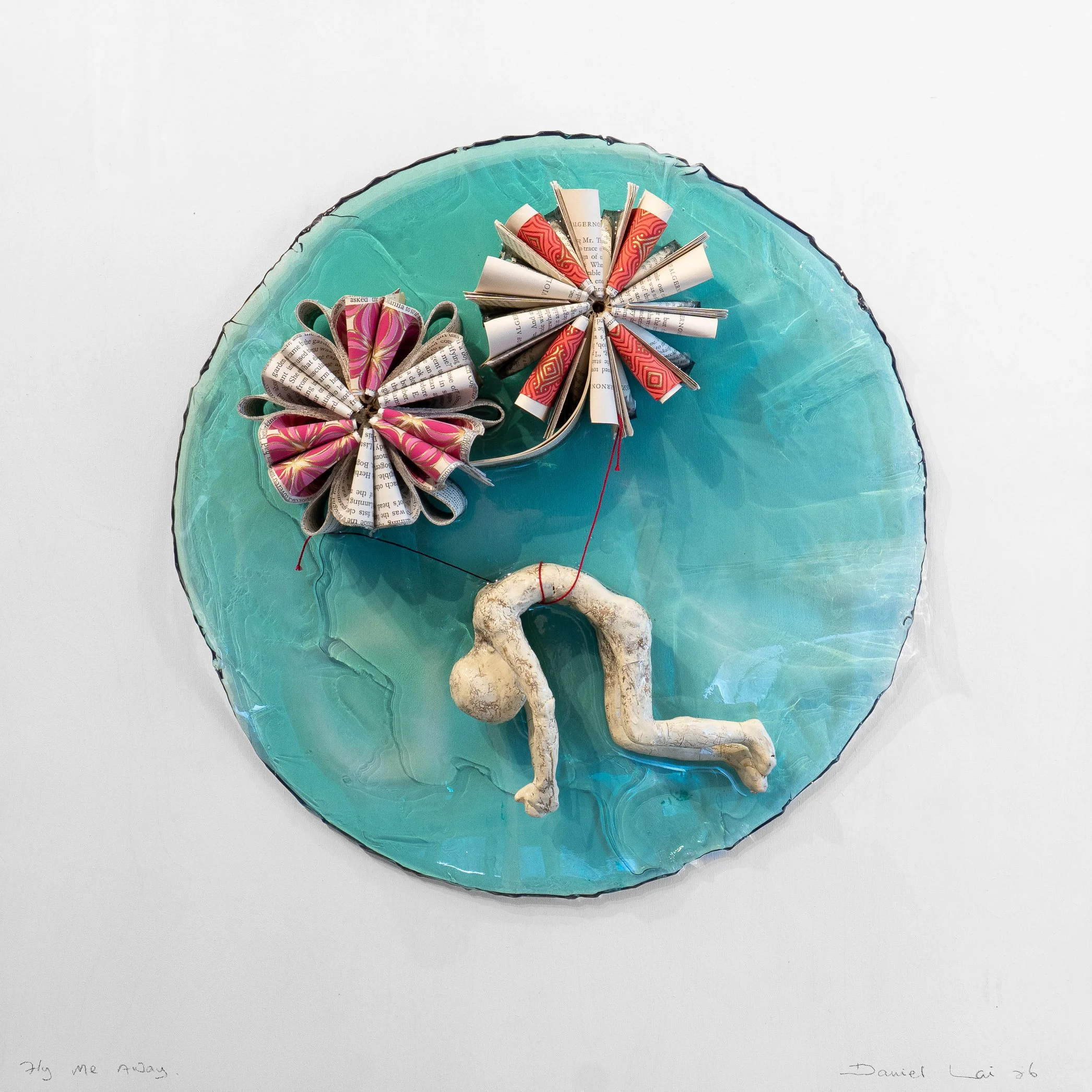 Fly Me Away - 24" x 24" - clay, books, and resin