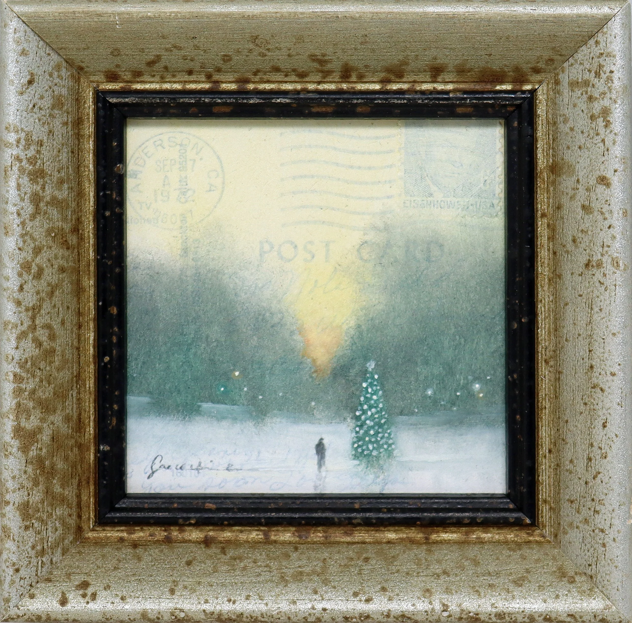 Christmas Tree 26-019 - 3½" x 3½" - oil on antique postcard fragment