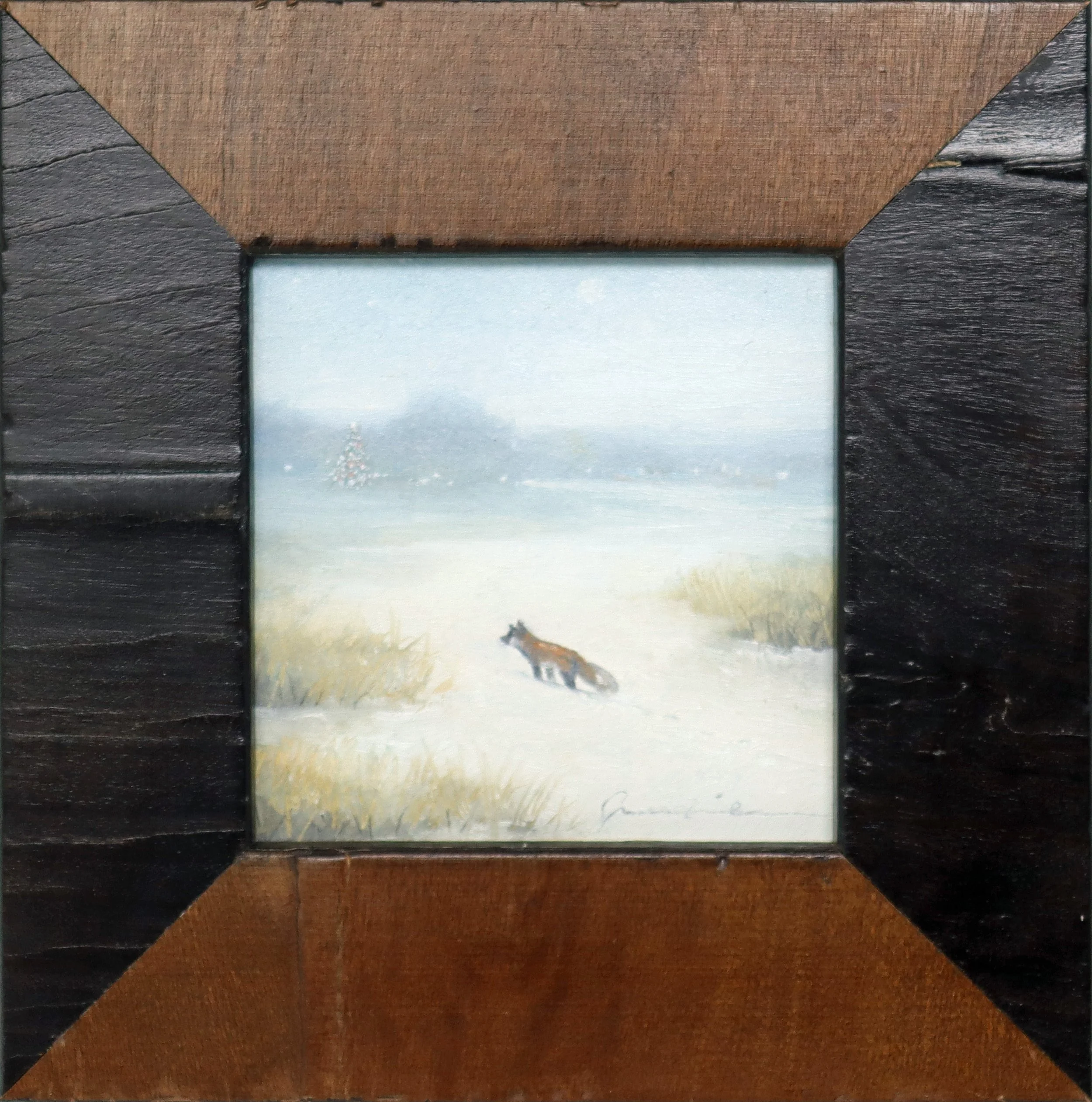 Fox! - 3½" x 3½" - oil on antique postcard fragment