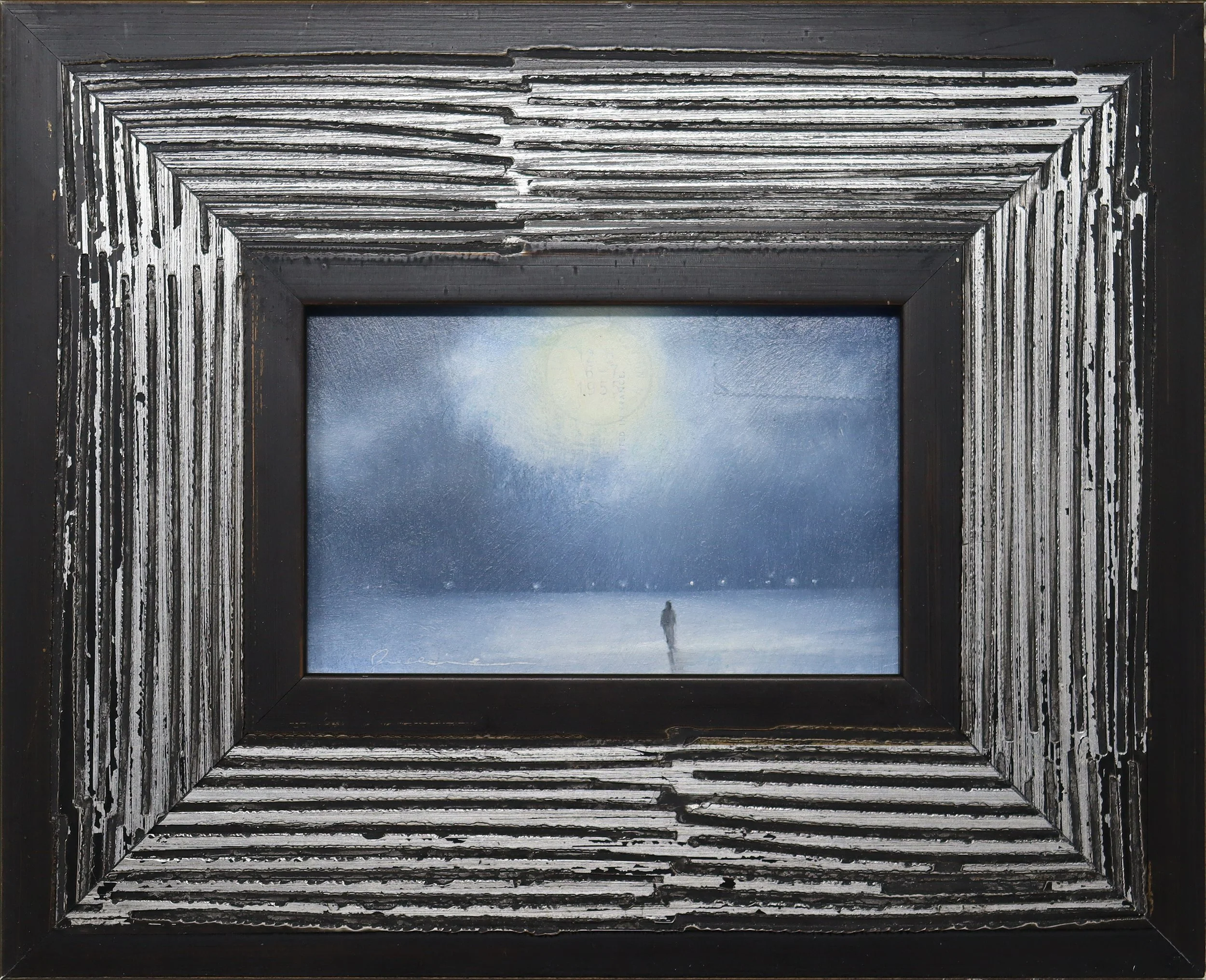 Moonlit Clouds - 6" x 4 " - oil on antique postcard