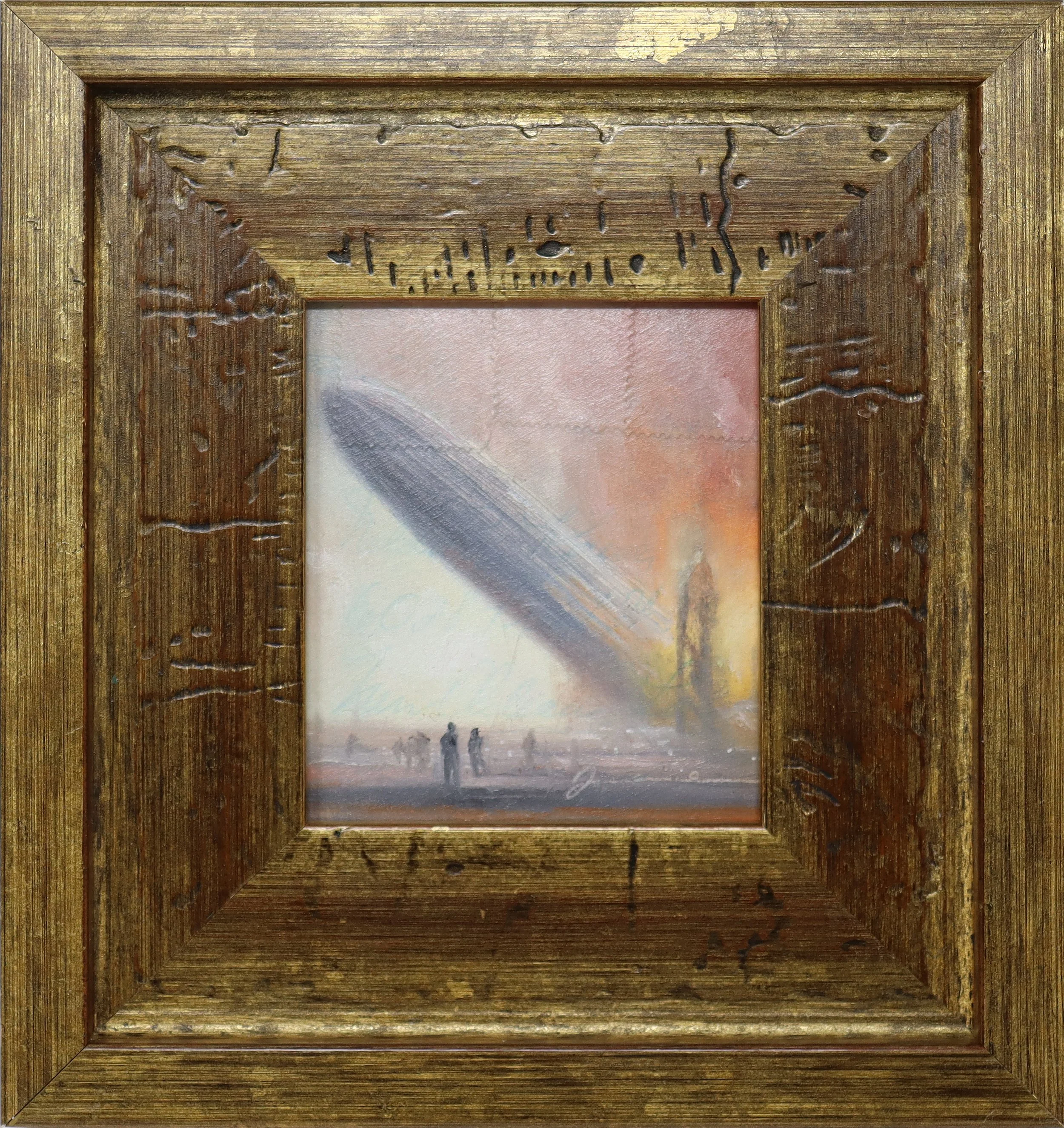 Zeppelin - 3" x 3½" - oil on antique postcard fragment