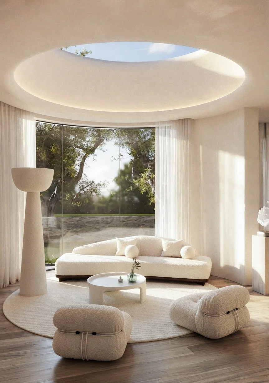 Minimalist white living room with large circular window ceiling, curved white sofa with cushions, two matching poufs, round rug, and large glass window showing trees outside.