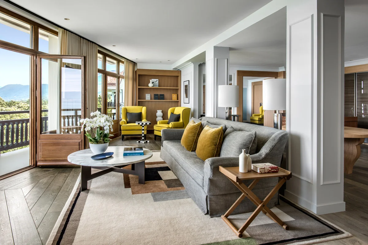 Suite President // Located on the 5th floor, this suite comprises a spacious double room connecting with a separate sitting room, marble bathroom with natural daylight, balcony and panoramic views of Lake Geneva. Photo © Hôtel Royal, Evian Resort - France.