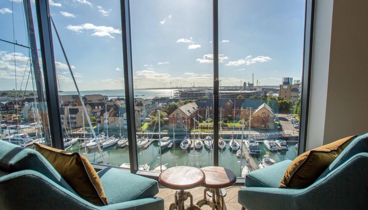 The Bar // The Obama armchairs and the panoramic views across the marina. Photo © Ocean Village Southampton, UK.