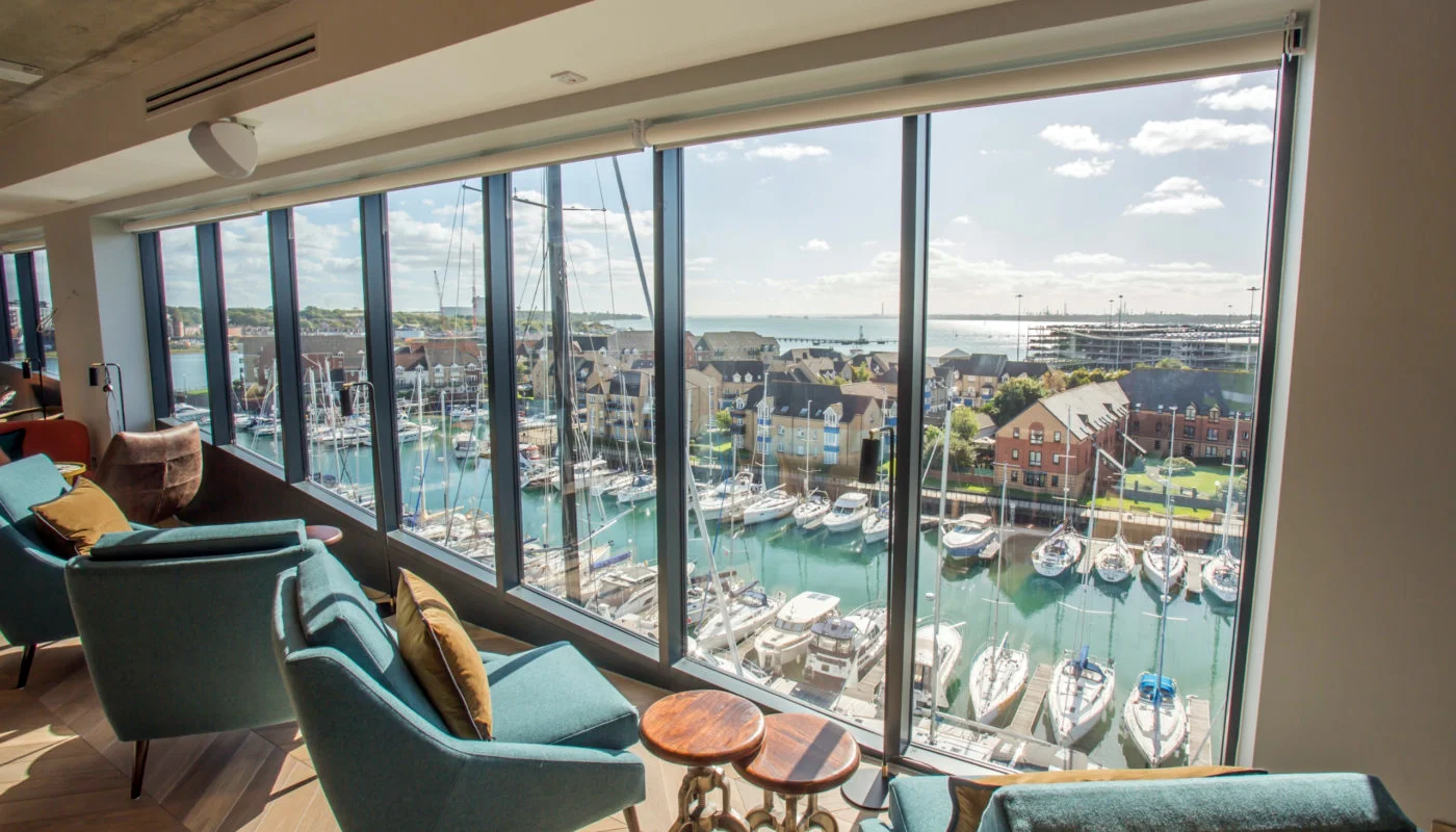 The Bar // With the Obama armchairs you experience panoramic views across the marina, HarBAR on 6th is Southampton’s most exciting destination bar. Photo © Ocean Village Southampton, UK.