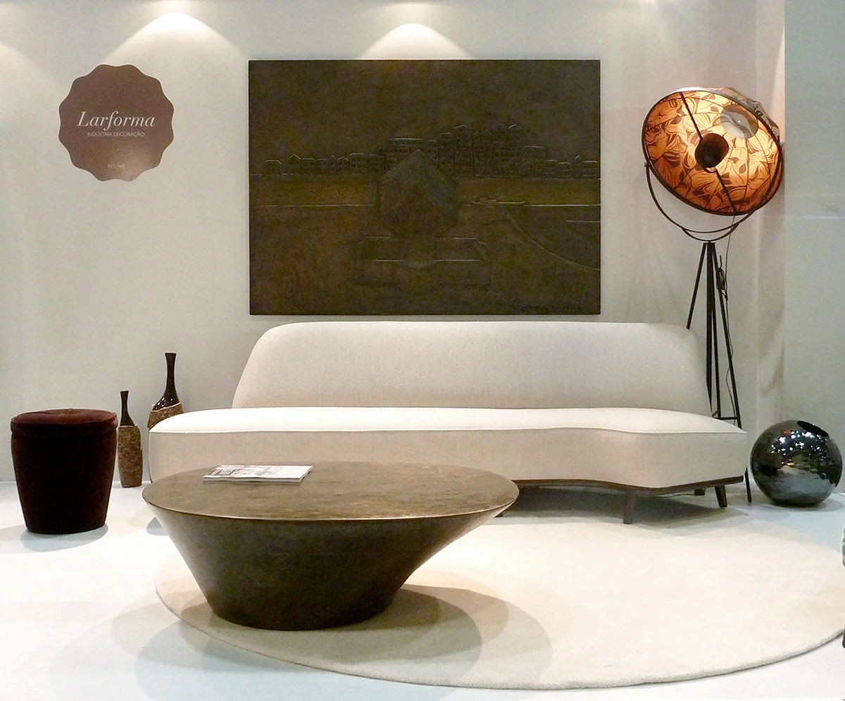 The bespoke sofa along with a new surface material applied on the centre table, iron powder with resin.