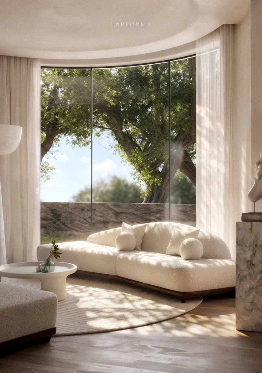 A modern living room with a large curved window overlooking green trees, a white sofa with round pillows, a small round coffee table, and a marble side table with a sculptural object, all in natural sunlight.