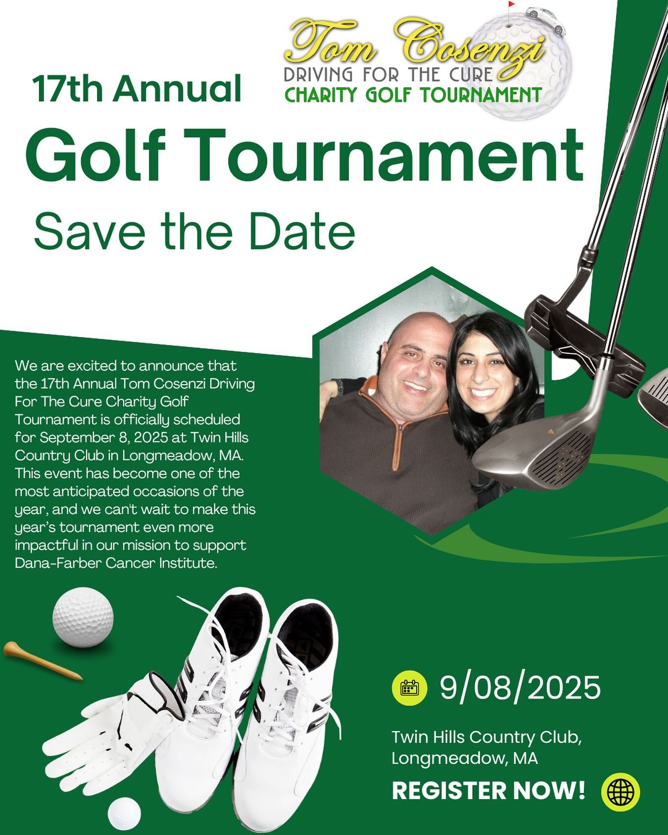 ⛳️ Save the Date! The 17th Annual Tom Cosenzi Driving for the Cure is ON!
We&rsquo;re thrilled to announce that the 17th Annual Tom Cosenzi Driving For The Cure Charity Golf Tournament is officially set for September 8, 2025, at Twin Hills Country Cl