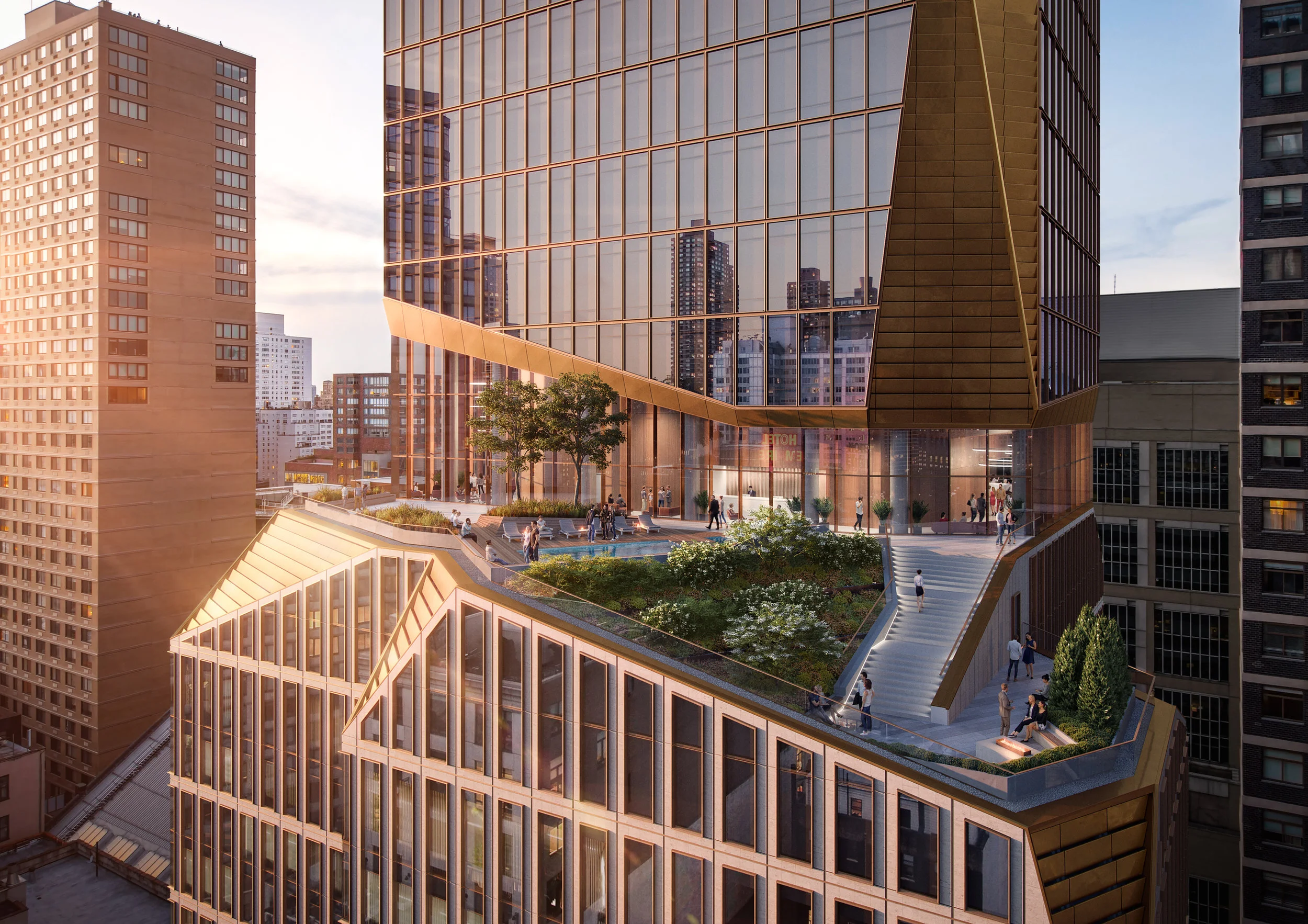 The beautiful, landscaped communal terrace with outdoor pool, spa, &  fire-pit.