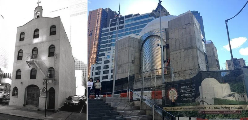 The original church (left) and the status of the construction of the new St. Nicholas.