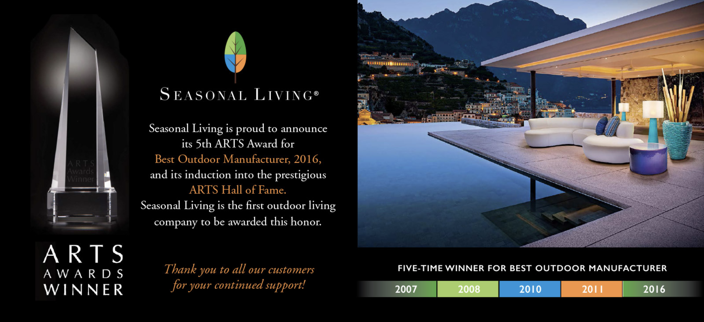 Winning the #ArtsAward, in 5 separate years, is a difficult and significant achievement for any company, and Seasonal Living was the first indoor/outdoor furniture manufacturer ever given the honor of being inducted into the Arts Award Hall of Fame.