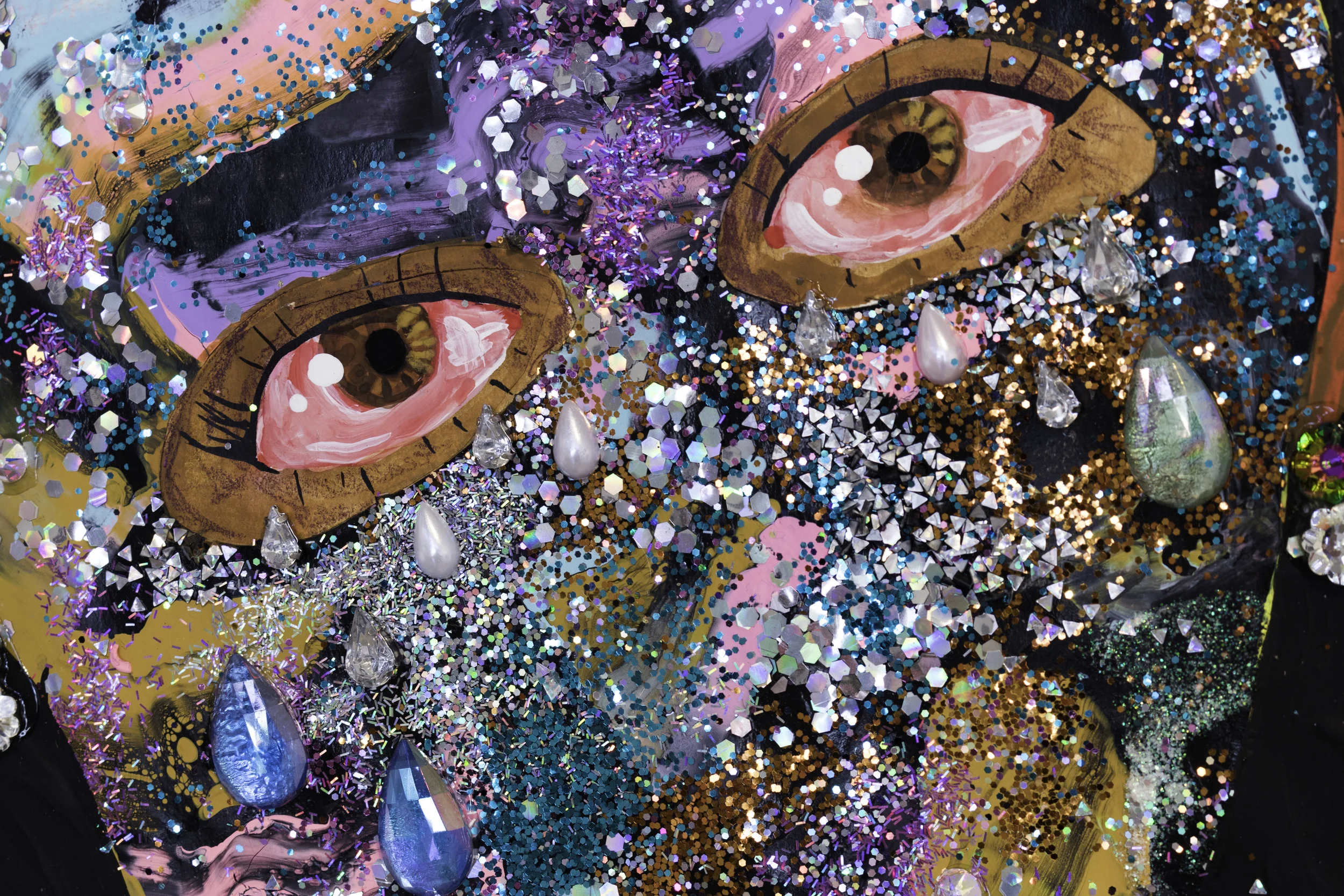 Jasmin Zelaya, Olympia (deatail), 2019, Gouache, acrylic, spray paint, ink, colored pencil, rhinestones, glitter, and gold leaf on paper, 7' x 5'