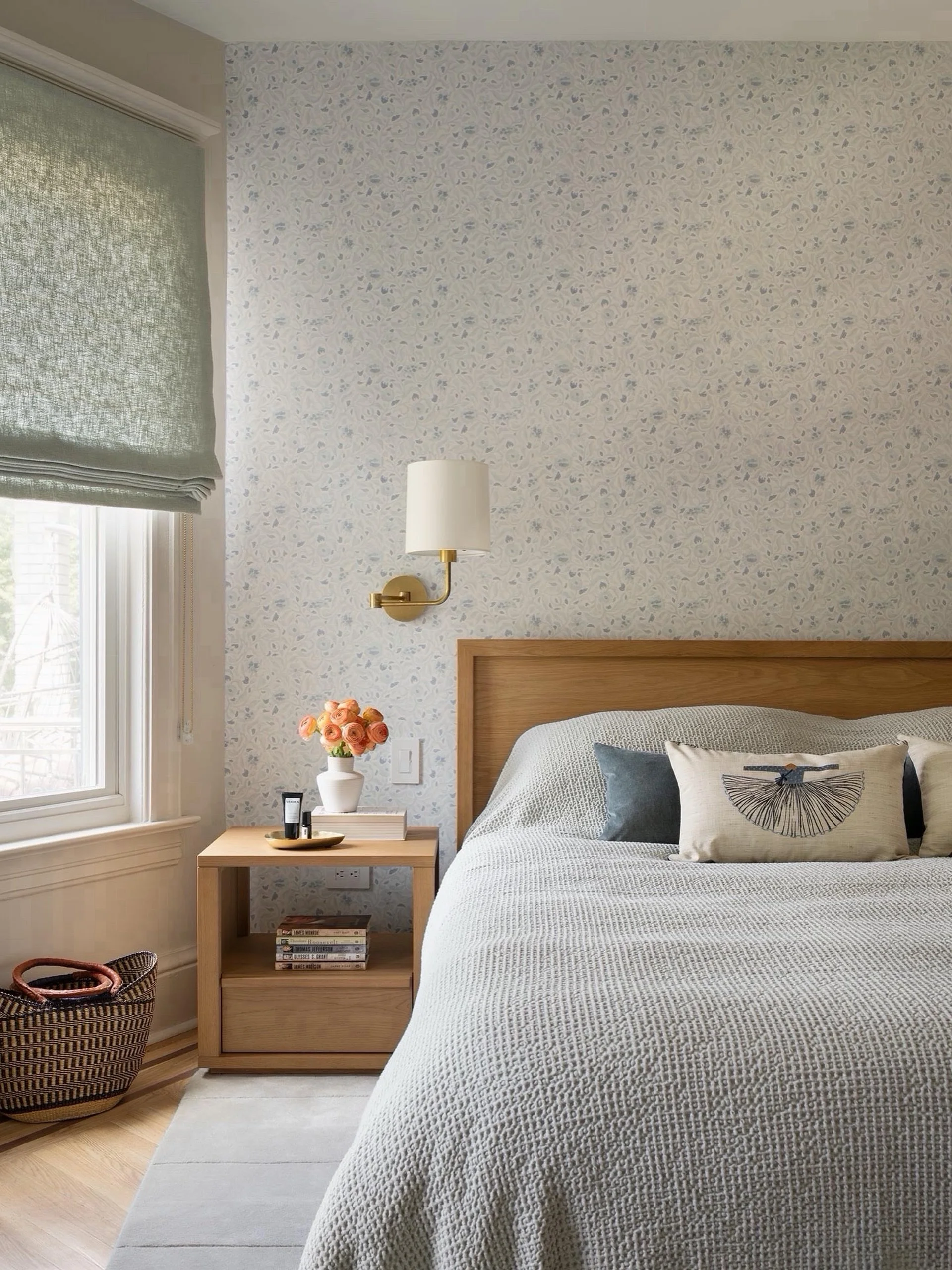 Japanese-inspired wallpaper makes a tranquil statement behind the minimalist headboard in this busy parents&rsquo; bedroom&hellip; zen and romantic, with a hint of don&rsquo;t wake me up 😪🍃