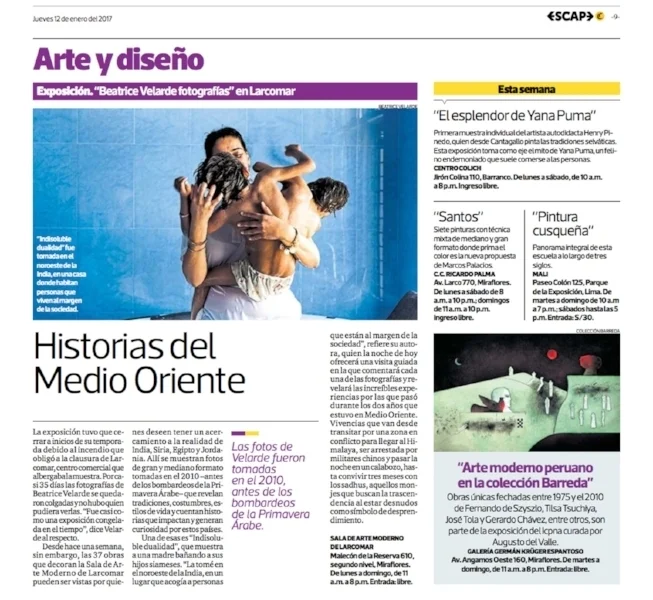 Diario El Comercio, suplemento Escape. Exposición BEATRICE VELARDE FOTOGRAFÍAS. 