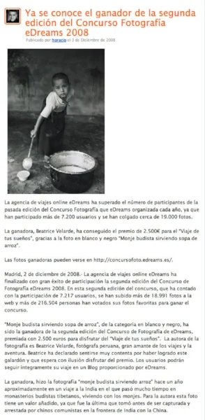 Diario El Comercio. Suplemento El Dominical. Premio del Concurso Internacional de Fotografía eDreams. España. 
