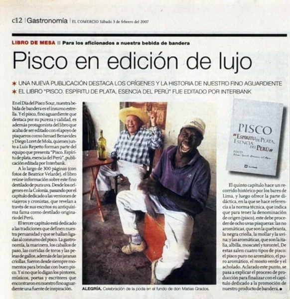 Diario El Comercio. Libro "PISCO ESPIRITU DE PLATA, ESENCIA DEL PERÚ". 