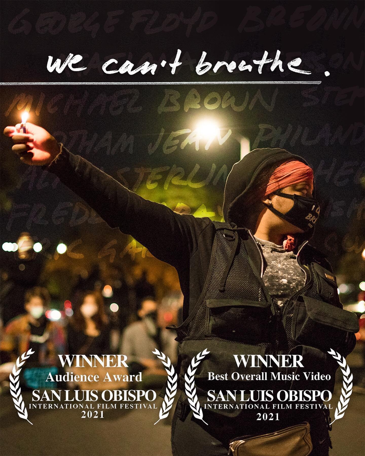 We are honored to announce that We Can&rsquo;t Breathe was selected as &ldquo;Best Music Video&rdquo; for both the JURY AWARD and the AUDIENCE AWARD in the inaugural music video category at @slofilmfest ! Here&rsquo;s what one jury member had to say;