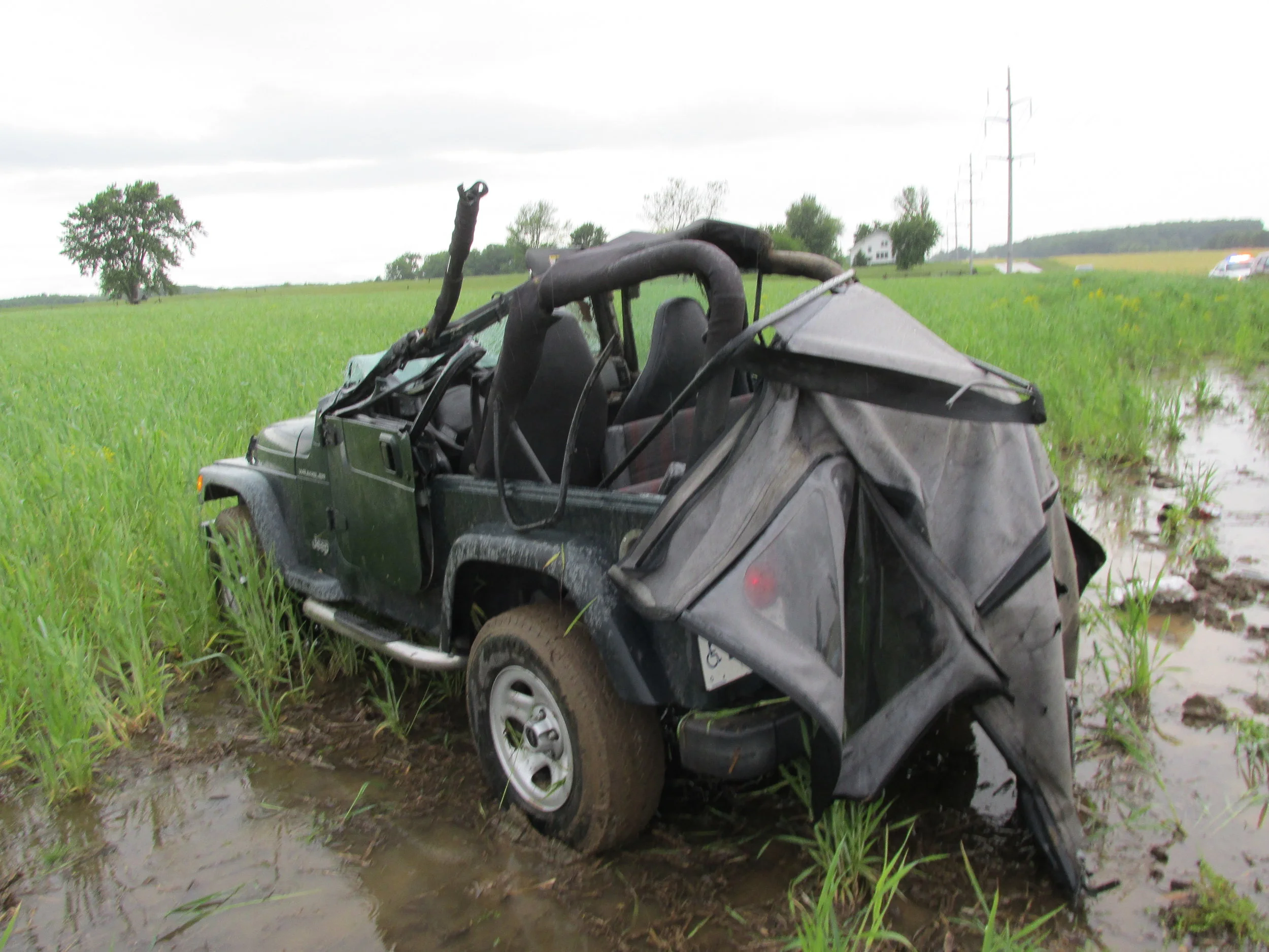 Patricia Hugunin was seriously injured when her Jeep Wrangler left the roadway Wednesday morning, hit a power pole then rolled three times. Photo by Deputy James Carpenter, Courtesy of Greene County Sheriff’s Department