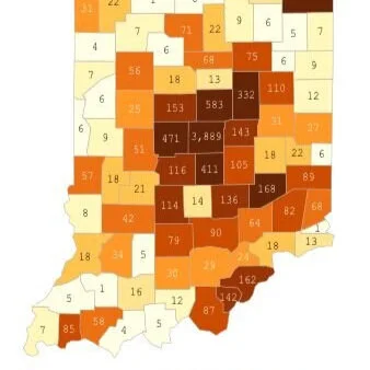Statewide case counts as of Sunday, April 19 at 12 noon; Greene County with 42 cases, three deaths, 288 tested