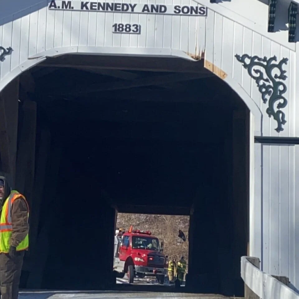 Firefighters respond to Sunday morning fire on the covered bridge