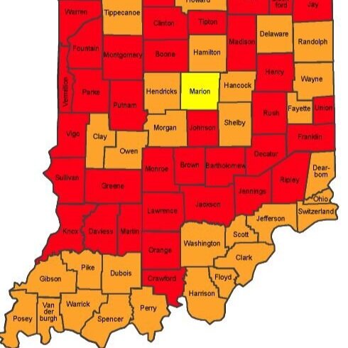 Indiana Travel Status Map shows Greene County is Red, under Travel Status Warning