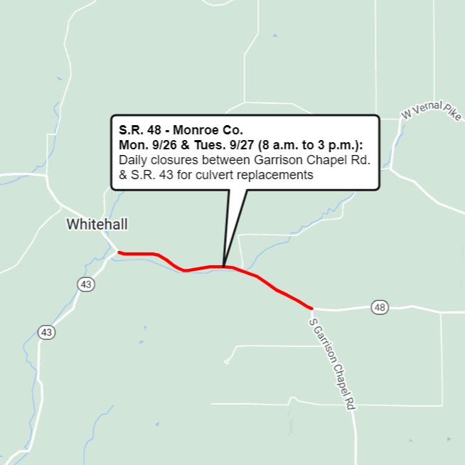 Daily closures planned on S.R. 48 in Monroe County for culvert replacements
