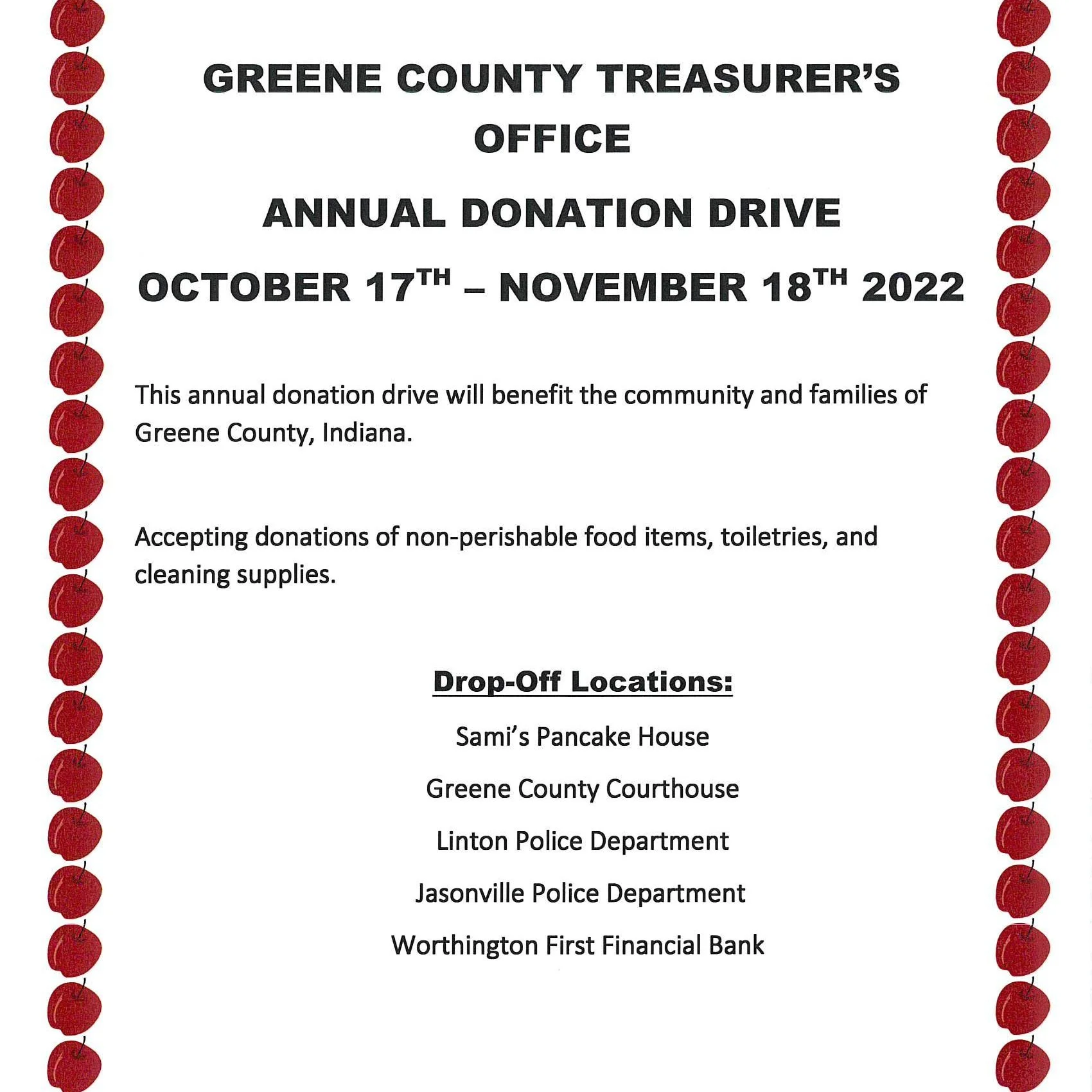 Treasurer's Office Donation Drive to benefit families across Greene County