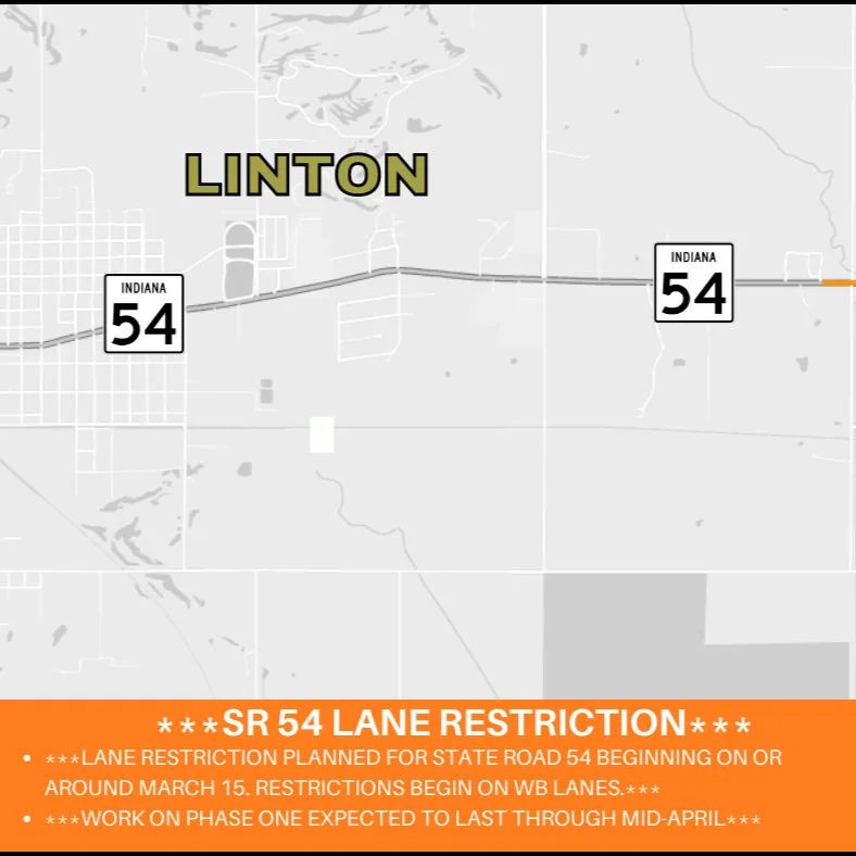 Lane restriction planned for State Road 54 near Linton