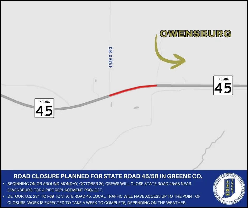 Road closure planned for State Road 45/58 in Greene County
