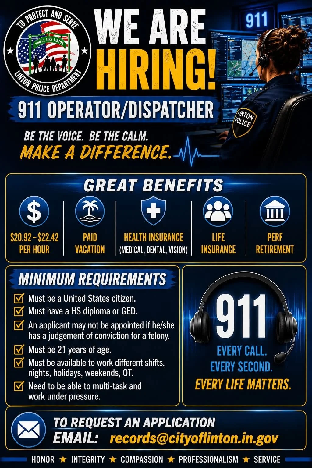 Linton Police Department hiring 911 Operator/Dispatcher