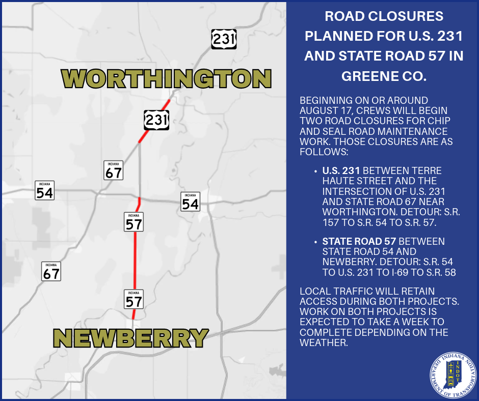 Road closures planned for State Road 57 and U.S. 231 in Greene County