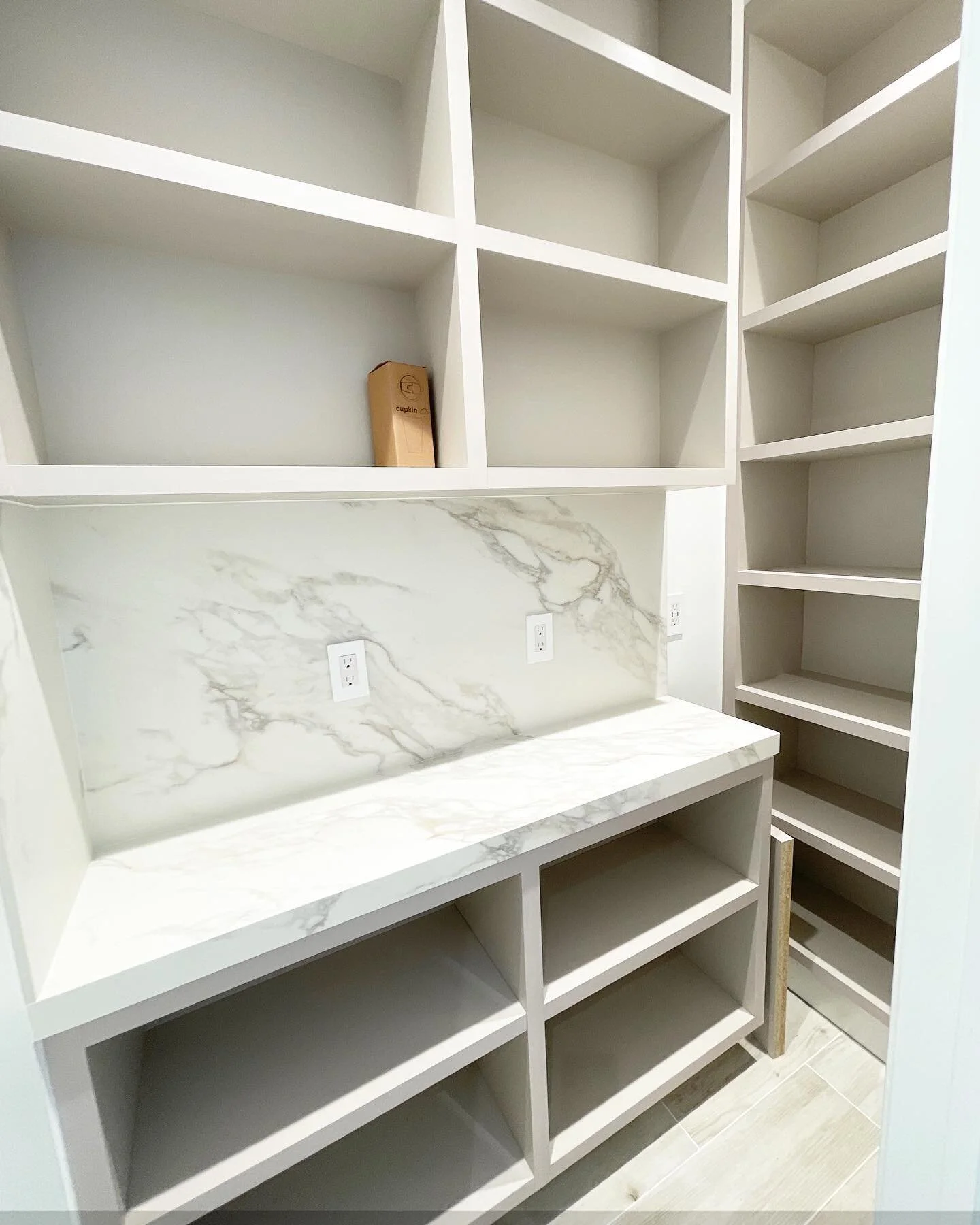 Pretty pantry ☕️ hidden behind a door to store counter top appliances.