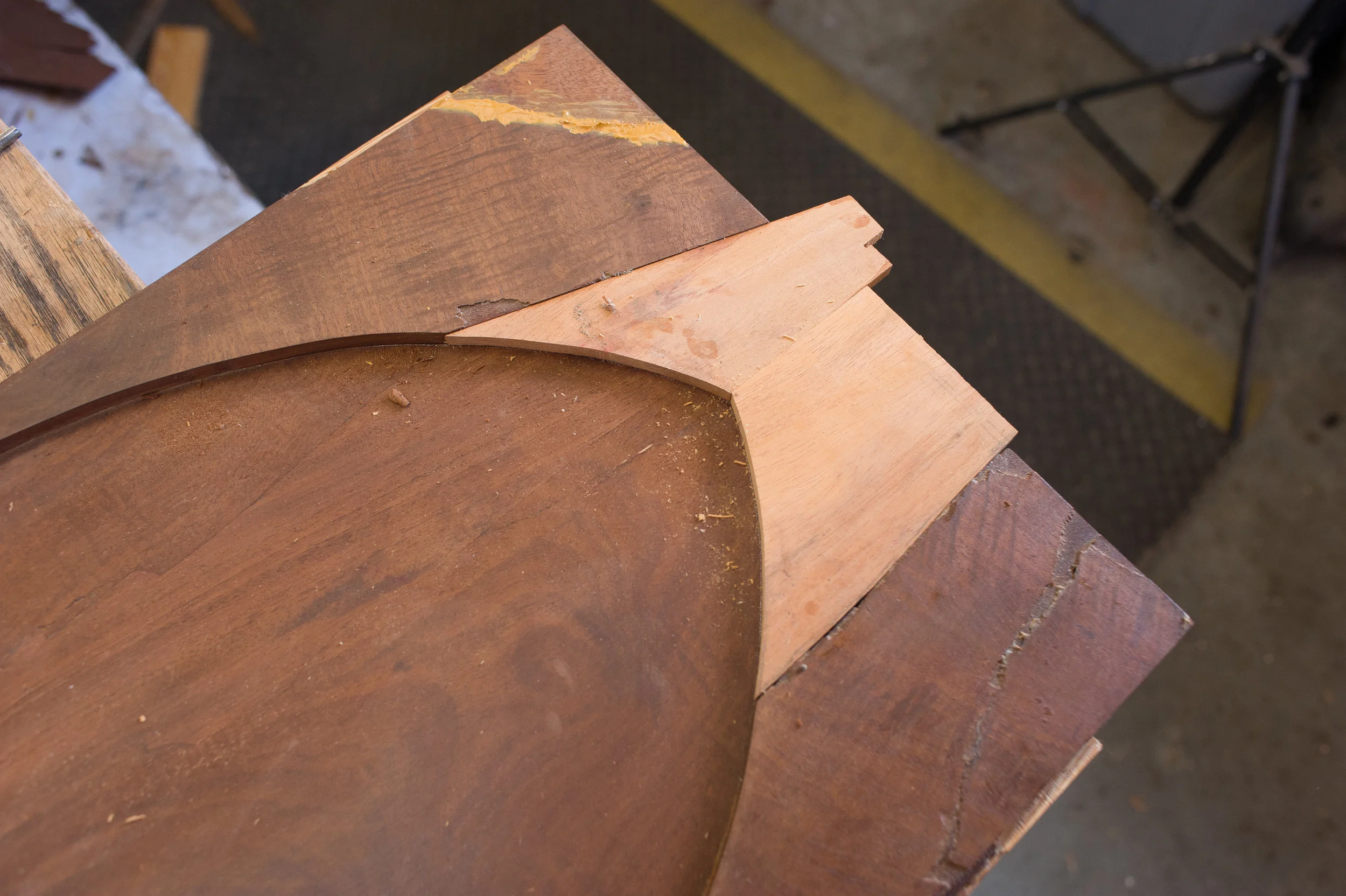 Restoration of Gothic arch. The mahogany substrate will be veneered with mahogany.