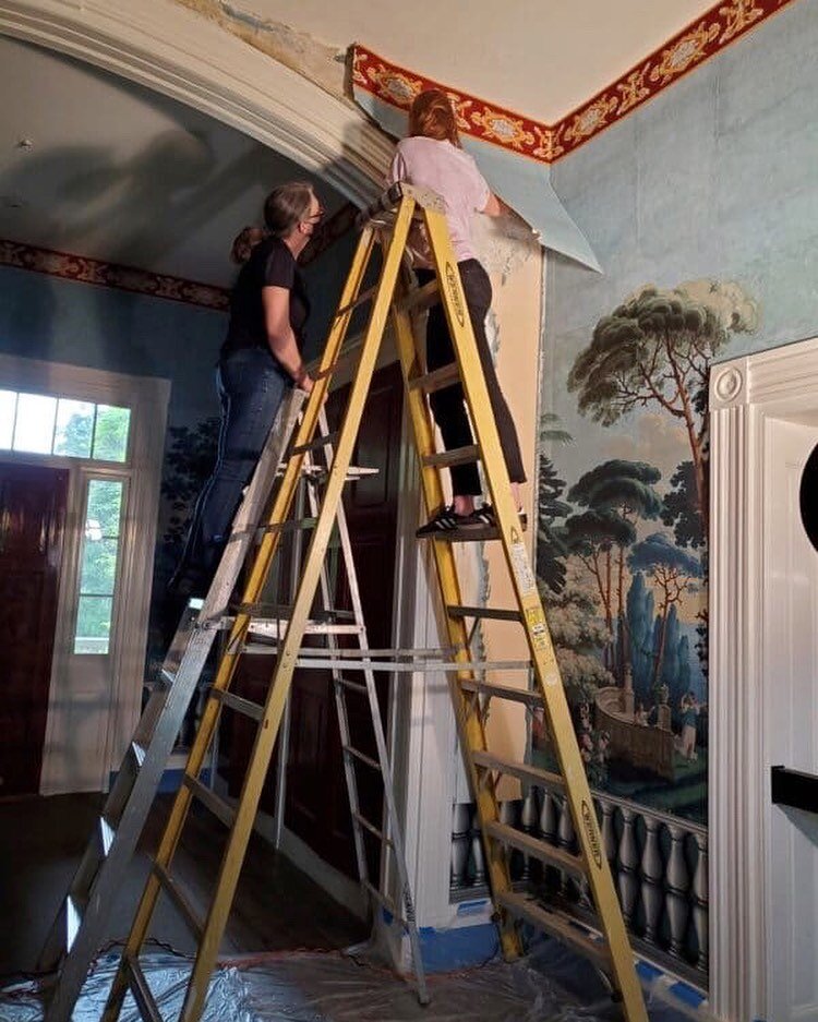 Dawn Heller and Sara Lanham wresting with historic wallpaper. The Hermitage, Nashville