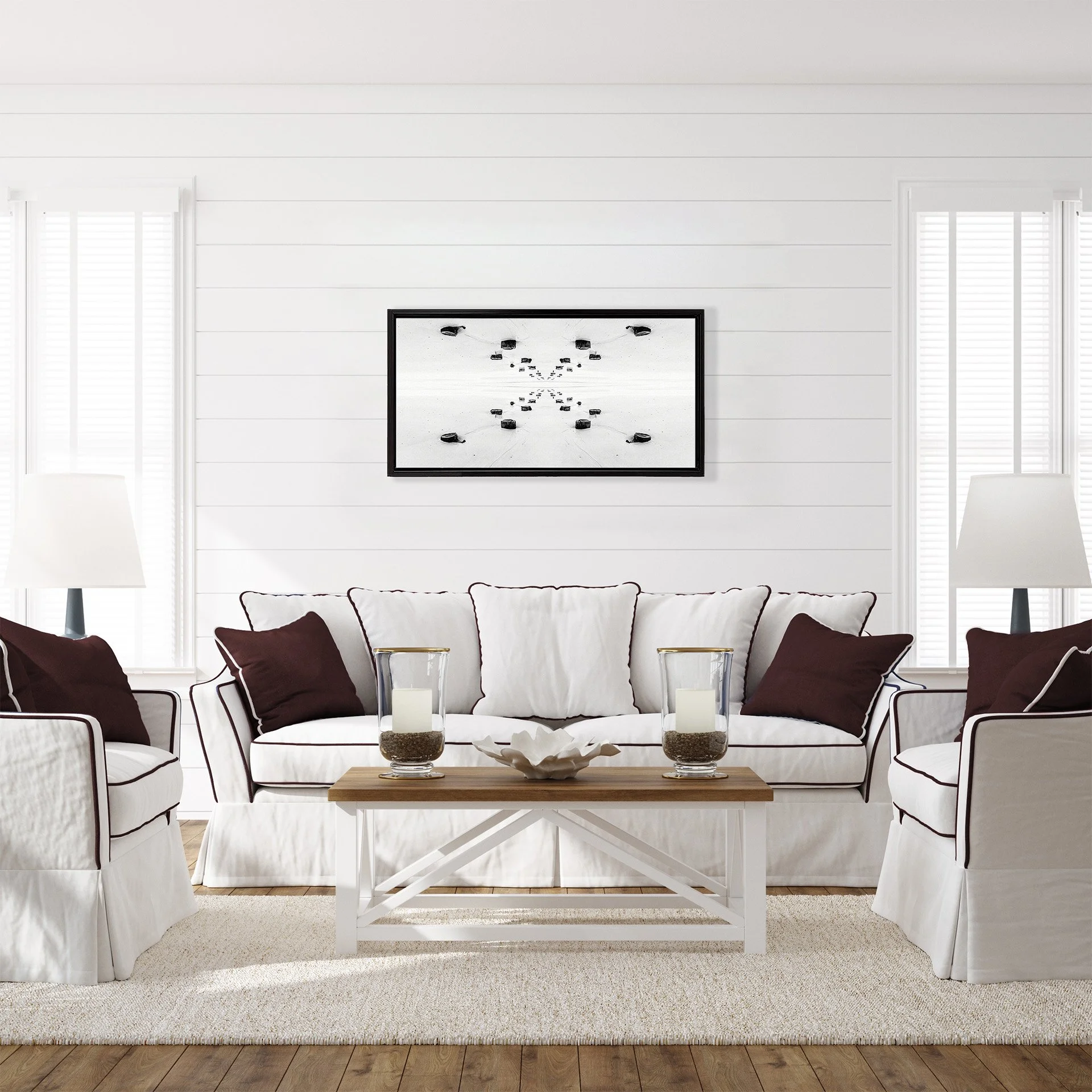 20"x40" canvas print in black wood floating frame on shiplap beach house wall.  Print of a schooner sailing in Key West Harbor at sunset.