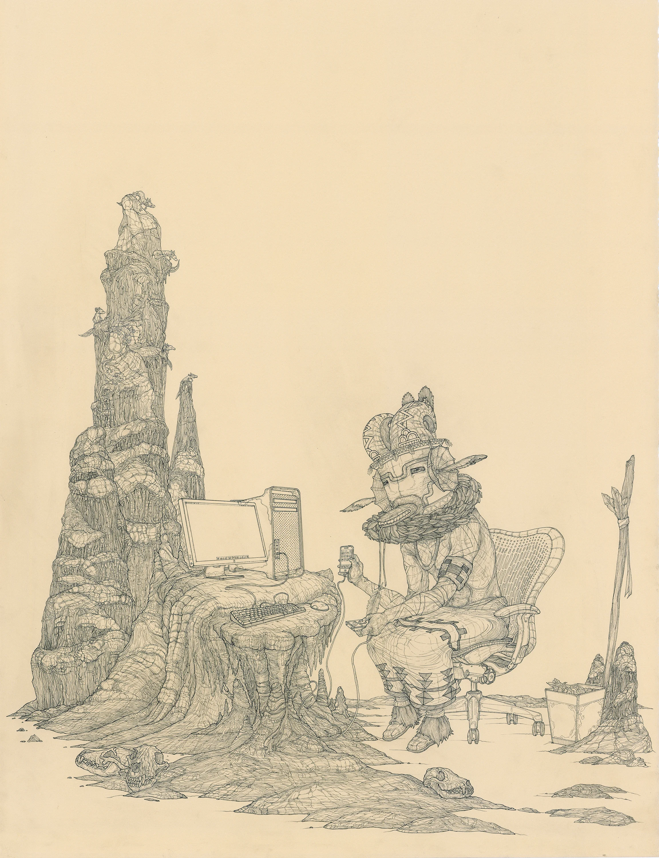 Kachina Performs Upgrade Ritual, with axolotl , ink on paper, 30in. x 23in., 2007